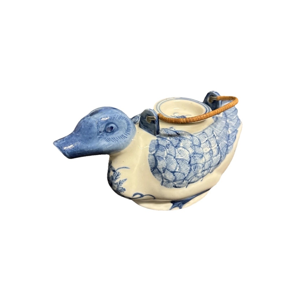 Vintage Chinese Blue & White‎ Porcelain Duck Teapot Hand Painted Wicker Handle